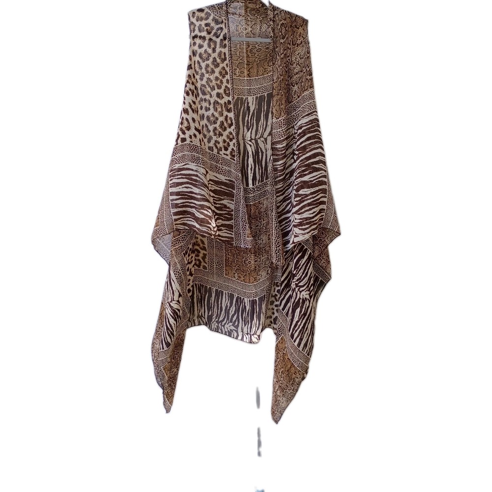 SAX Sleeveless Sheer Kimono Mixed Animal Print Brown Cream Boho One Size
